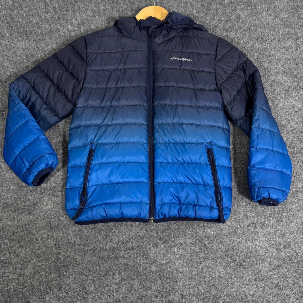 Eddie Bauer Hooded Puffer Jacket Down Insulated Reversible Kids S 7-8 Navy Blue